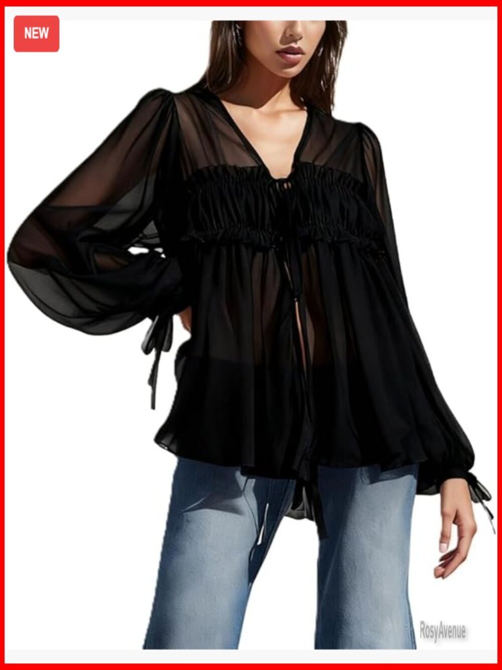 Chiffon Ruffle Trim Tie Front Long Sleeve Flowy Cardigan Blouse